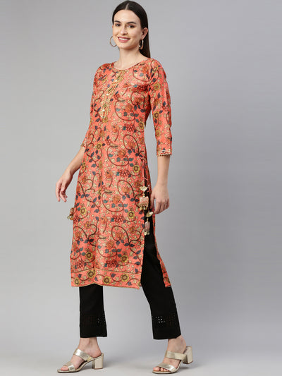 Neeru's Carrot Color Dupion Silk Fabric Kurta