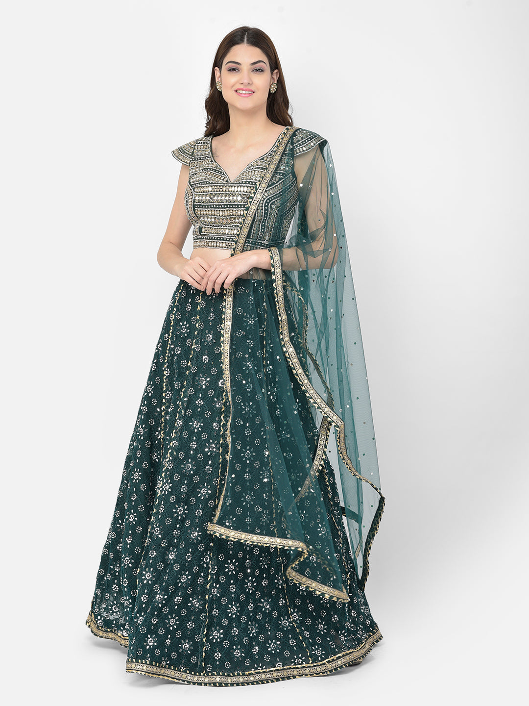 Neeru'S Bottle Green Color Nett Fabric Lehenga Choli