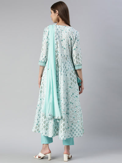 Neeru's Women Sea Green Yoke Design Calf Length Kurta And Trousers With Dupatta