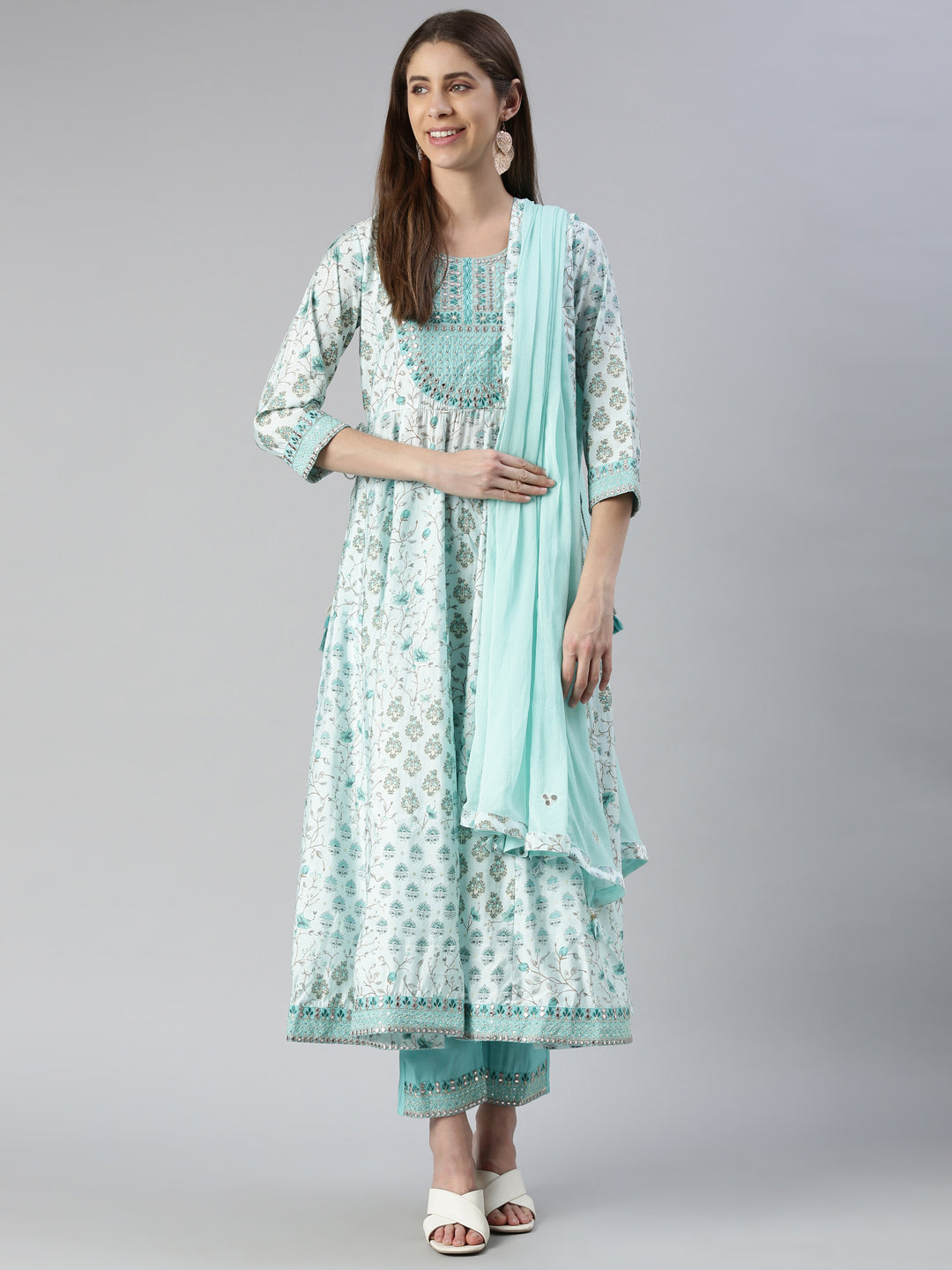 Neeru's Women Sea Green Yoke Design Calf Length Kurta And Trousers With Dupatta