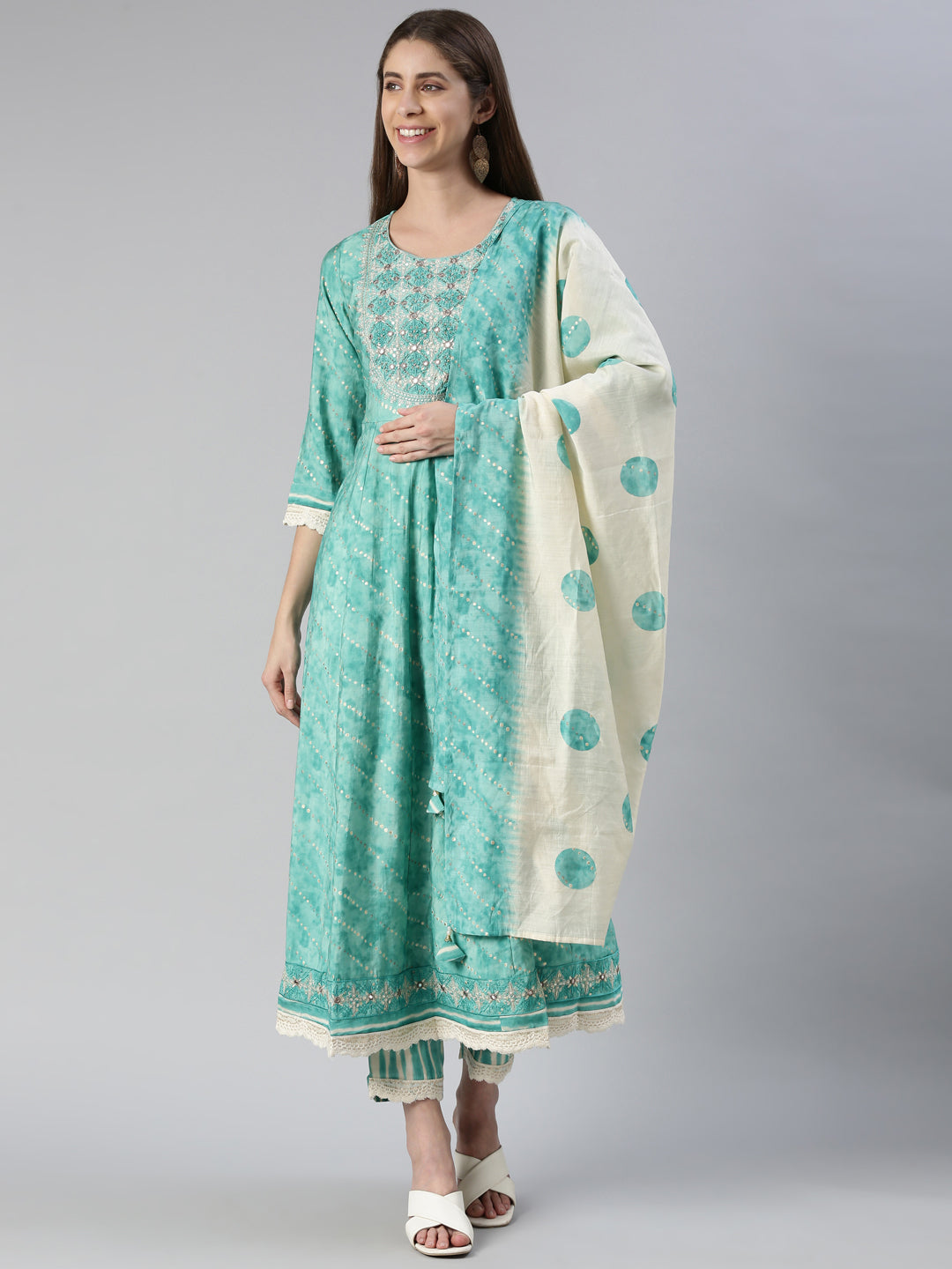 Neeru's Women Sky Blue Yoke Design Calf Length Kurta And Trousers With Dupatta