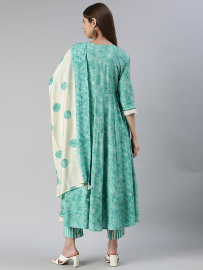 Neeru's Women Sky Blue Yoke Design Calf Length Kurta And Trousers With Dupatta