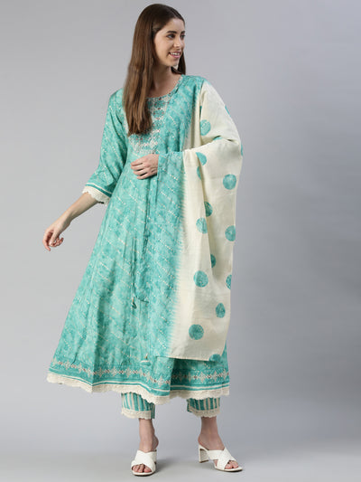 Neeru's Women Sky Blue Yoke Design Calf Length Kurta And Trousers With Dupatta