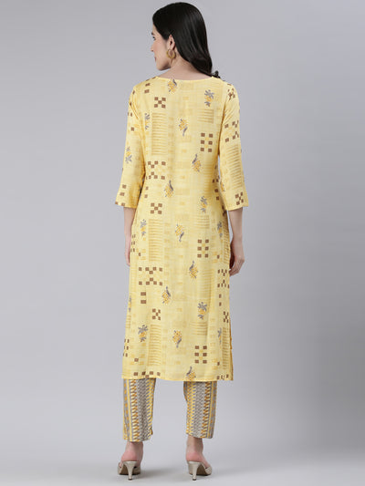 Neeru's Women Yellow Embroidered Calf Length Kurta And Trousers