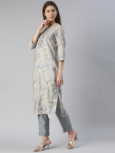 Neeru's Women Indigo Printed Calf Length Kurta And Trousers With Dupatta