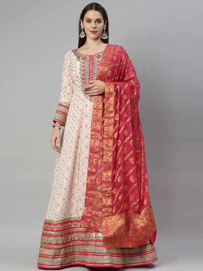 Neeru's Off White Color Banaras Fabric Suit-Anarkali