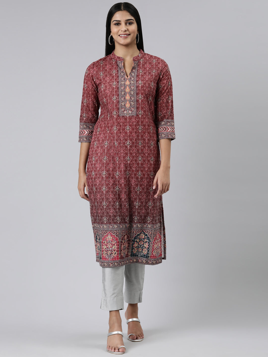 Neeru's Burgundy Straight Printed Chiffon Kurtas