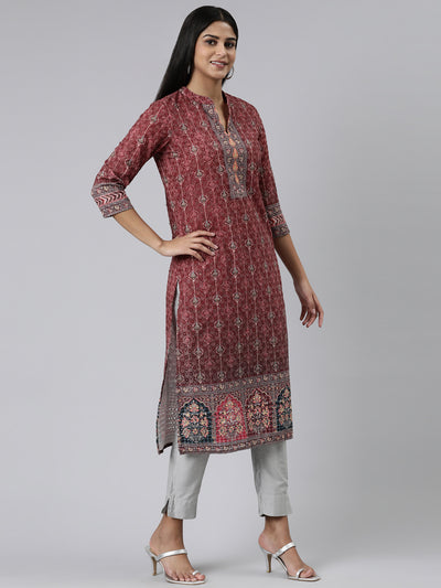 Neeru's Burgundy Straight Printed Chiffon Kurtas