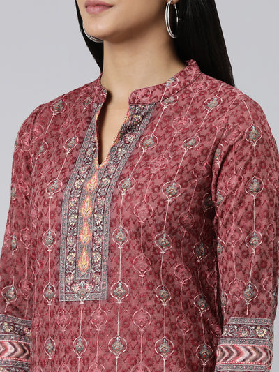 Neeru's Burgundy Straight Printed Chiffon Kurtas