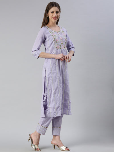 Neeru's Women Lavender Yoke Design Calf Length Kurta And Trousers With Dupatta