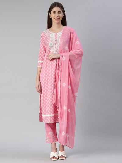 Neeru's Women Pink Embroidered Calf Length Kurta And Trousers With Dupatta