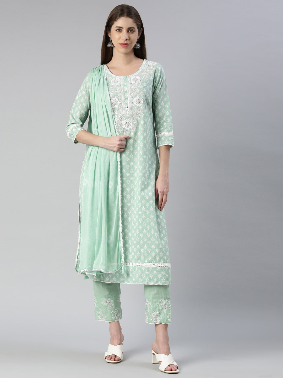 Neeru's Women Pista Embroidered Calf Length Kurta And Trousers With Dupatta