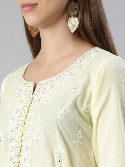 Neeru's Women Lemon Solid Calf Length Kurta And Trousers With Dupatta