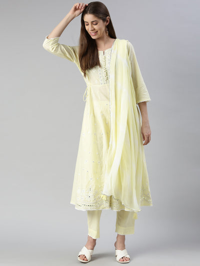 Neeru's Women Lemon Solid Calf Length Kurta And Trousers With Dupatta