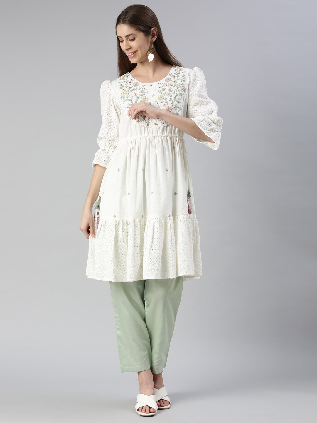 Neeru's Off White Anarkali Embroidered Cotton Kurtas