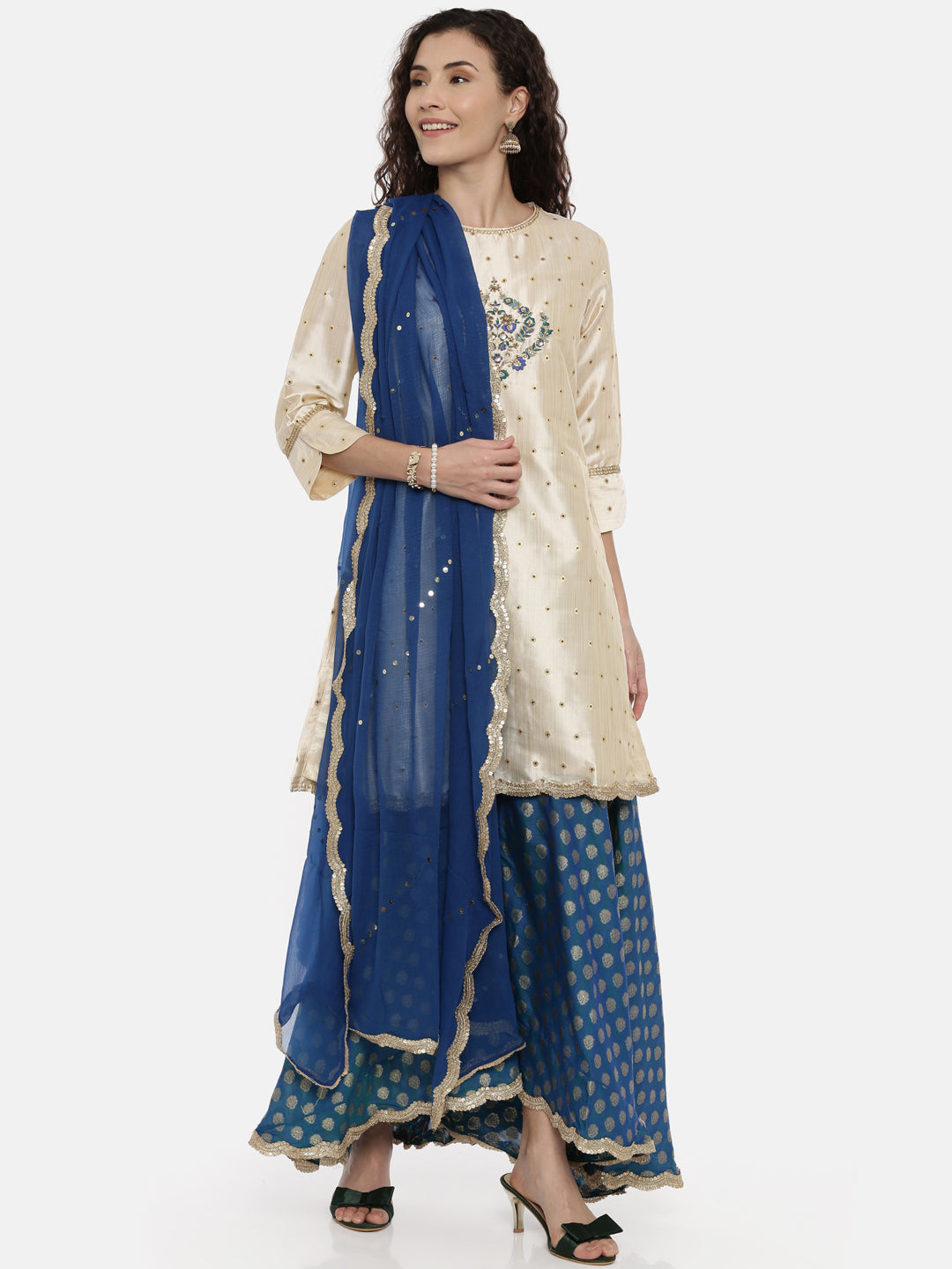 Neeru's Beige & Blue Embroidered Kurta With Skirt & Dupatta