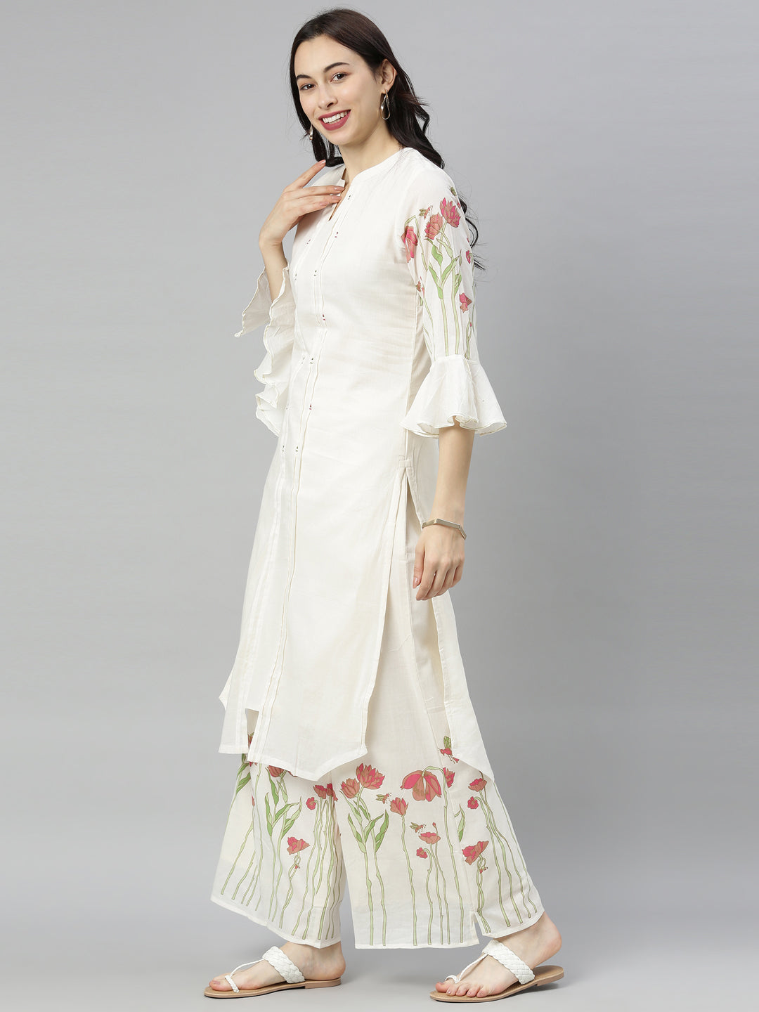 Neeru's White Printed Kurta with Plazzo