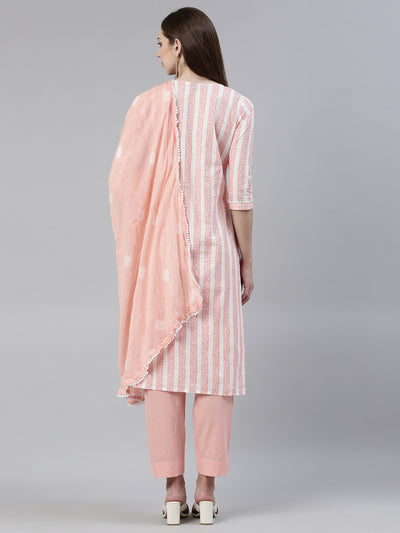 Neeru's Peach Regular Knee Length Solid Kurta Solid Trousers With Dupatta