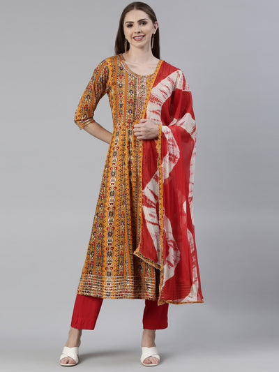 Neeru's Mustard Regular Knee Length Printed Kurta Solid Trousers With Dupatta