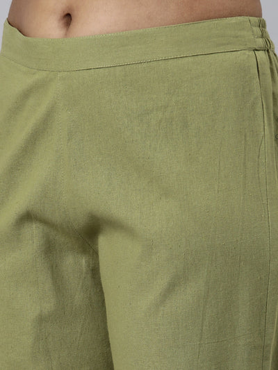 Neeru's Green Regular Calf Length Printed Kurta Solid Trousers